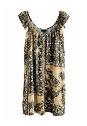 Vestido sin mangas en negro y beige con hombros con volantes, que presenta patrones tropicales, diseños florales y varias texturas a lo largo.