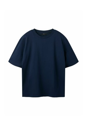 Marineblå T-shirt med korte ærmer, rund halsudskæring og løs pasform, vist mod en hvid baggrund.