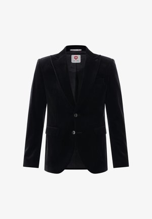 Schwarzer Samtblazer mit einem Knopf, aufgeschlagenem Revers, zwei Vordertaschen und einem eleganten Design. Glatte Textur und maßgeschneiderte Passform.