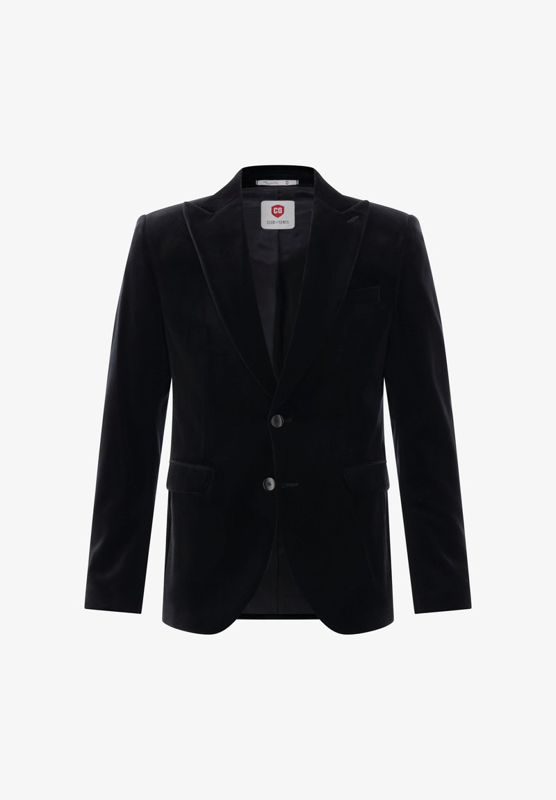 Schwarzer Samtblazer mit einem Knopf, aufgeschlagenem Revers, zwei Vordertaschen und einem eleganten Design. Glatte Textur und maßgeschneiderte Passform.