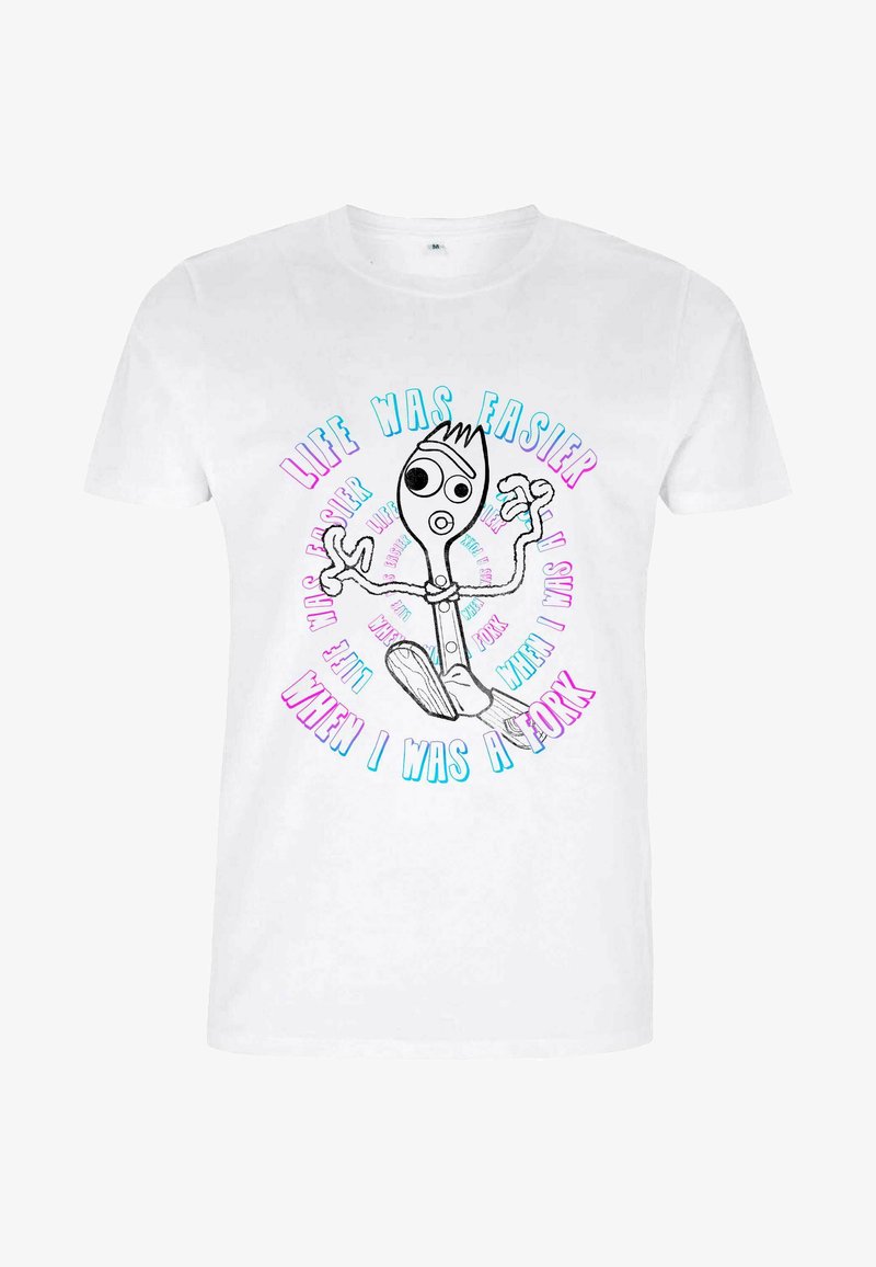 Biała bawełniana koszulka z rysunkowym charakterem widelca w czarnym konturze, otoczona kolorowym napisem: "Życie było prostsze, kiedy byłem widelcem."