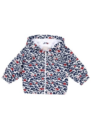 Hættetrøje til småbørn med marineblåt og rødt blomstermønster, lynlås foran, elastiske manchetter og to brystlommer.