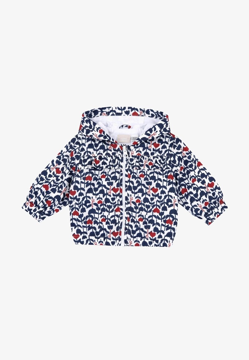 Veste à capuche pour tout-petit avec motif floral bleu marine et rouge, zip frontal, poignets élastiques et deux poches poitrine.