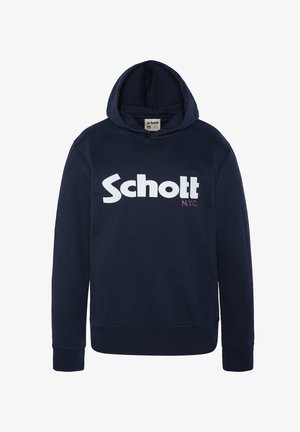Felpa con cappuccio di colore blu navy in cotone, caratterizzata da un grande logo bianco "Schott" e il testo "N.Y.C." in colore a contrasto sul davanti.