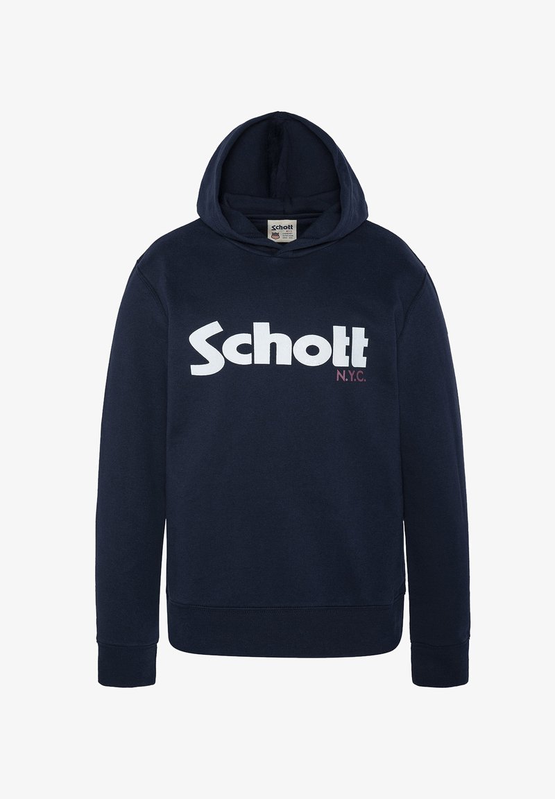 Felpa con cappuccio di colore blu navy in cotone, caratterizzata da un grande logo bianco "Schott" e il testo "N.Y.C." in colore a contrasto sul davanti.