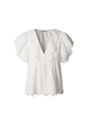 Hvid bluse med korte, flæseærmer, bølget halsudskæring og knapdetalje. Har øjelet mønstre i hele stoffet.