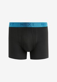 Fekete boxeralsó kék mintás elasztikus derékpánttal, amelyen a "NEXT" felirat látható. Az anyag sima, testhezálló kialakítással.