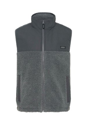 Mørkegrå ærmeløs fleecevest med frontlynlås, høj krave, to sidelommer og glat overdel på brystpanelet.