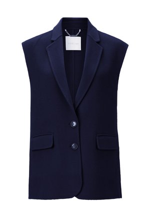 Granatowa kamizelka bez rękawów z klapami, dwoma przednimi kieszeniami i dwiema guzikami. Wykonana z miękkiego, teksturowanego materiału.