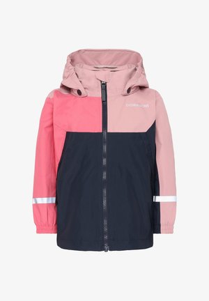 Børne vandtæt jakke med lyserøde og mørkeblå paneler, justerbar hætte, frontlynlås og reflekser på ærmerne.