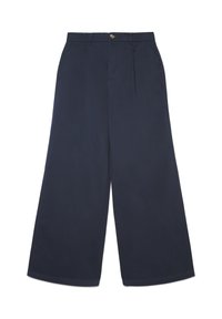 Weit geschnittene Hose in Dunkelblau, aus glattem Stoff gefertigt. Mit Knopfverschluss, vorderen Falten und sauber verarbeitetem Saum.