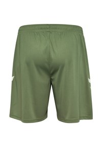 Olive green athletic shorts made of smooth, lightweight fabric. Features an elastic waistband and white logo accents on the sides.