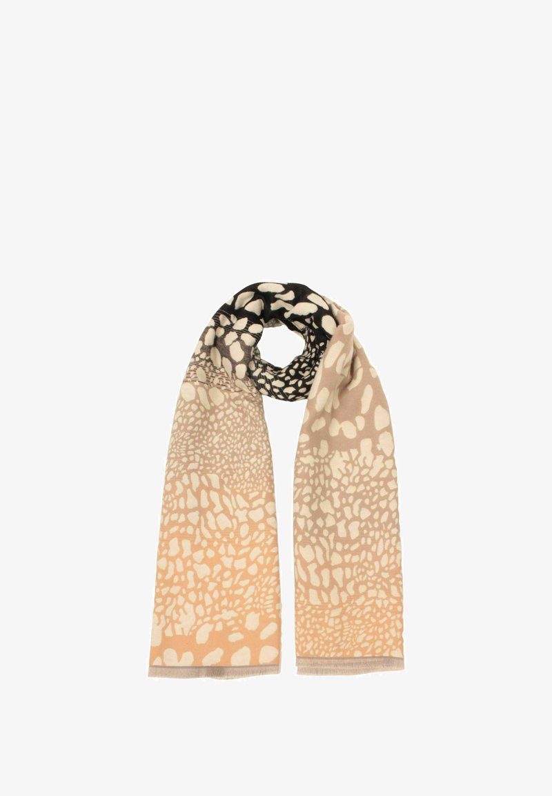Patterned scarf featuring a gradient of beige to light brown with black accents. Soft, lightweight fabric with a textured design.