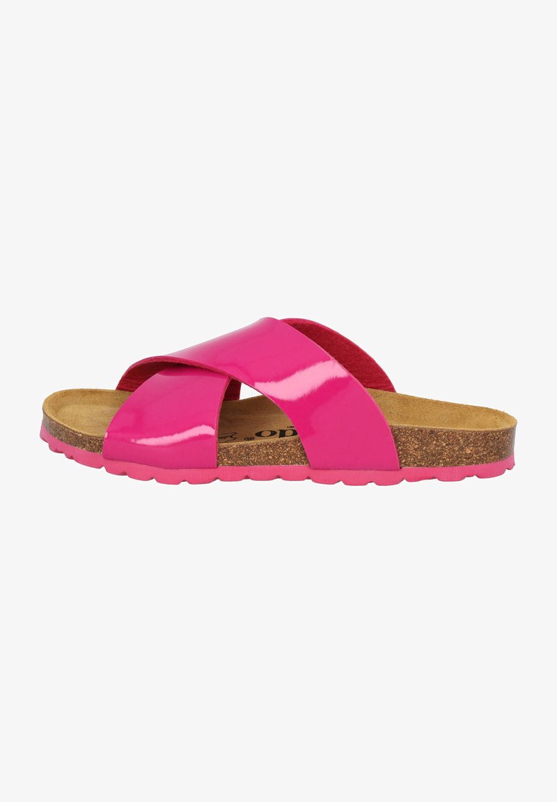 Sandalia deslizante de patent rosa con tiras cruzadas, planta de corcho y suela texturizada. Acabado brillante con un color vibrante y diseño casual.