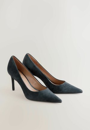 Décolleté in suede grigio scuro con tacco alto, dalla forma affusolata e punta appuntita. Presenta una texture liscia e un design a intaglio sottile.