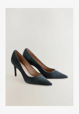 Tamsiai pilkų suede aukštakulnių batų su smailiu pirštu ir grakščia forma. turi lygų paviršių ir subtilią išpjovą.