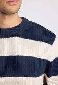 Primo piano di una persona che indossa un maglione a coste con ampie strisce orizzontali blu navy e bianche.