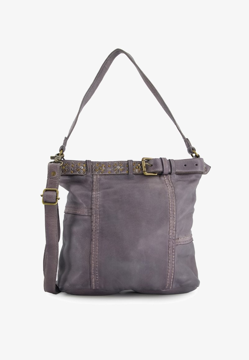 Leather shoulder bag in muted gray with side pockets, decorative stitch detailing, and a studded strap. Features an adjustable strap.