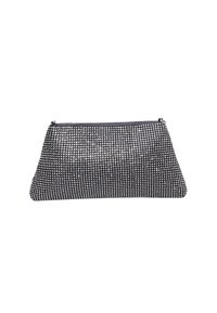 Sort mesh clutch taske med sølvnagle mønster, lynlåslukning øverst og en struktureret form, velegnet til aftenbrug.