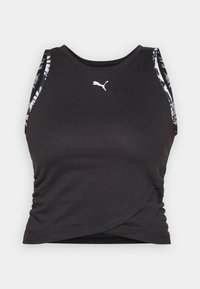 Canotta nera dal design aderente, con una sottile texture arricciata in vita e dettagli stampati sulle spalle. Logo bianco al centro.