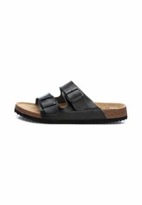 Sandalias de cuero negro con dos correas ajustables, plantilla de corcho y suela de goma texturizada. Presenta un acabado suave y una construcción resistente.
