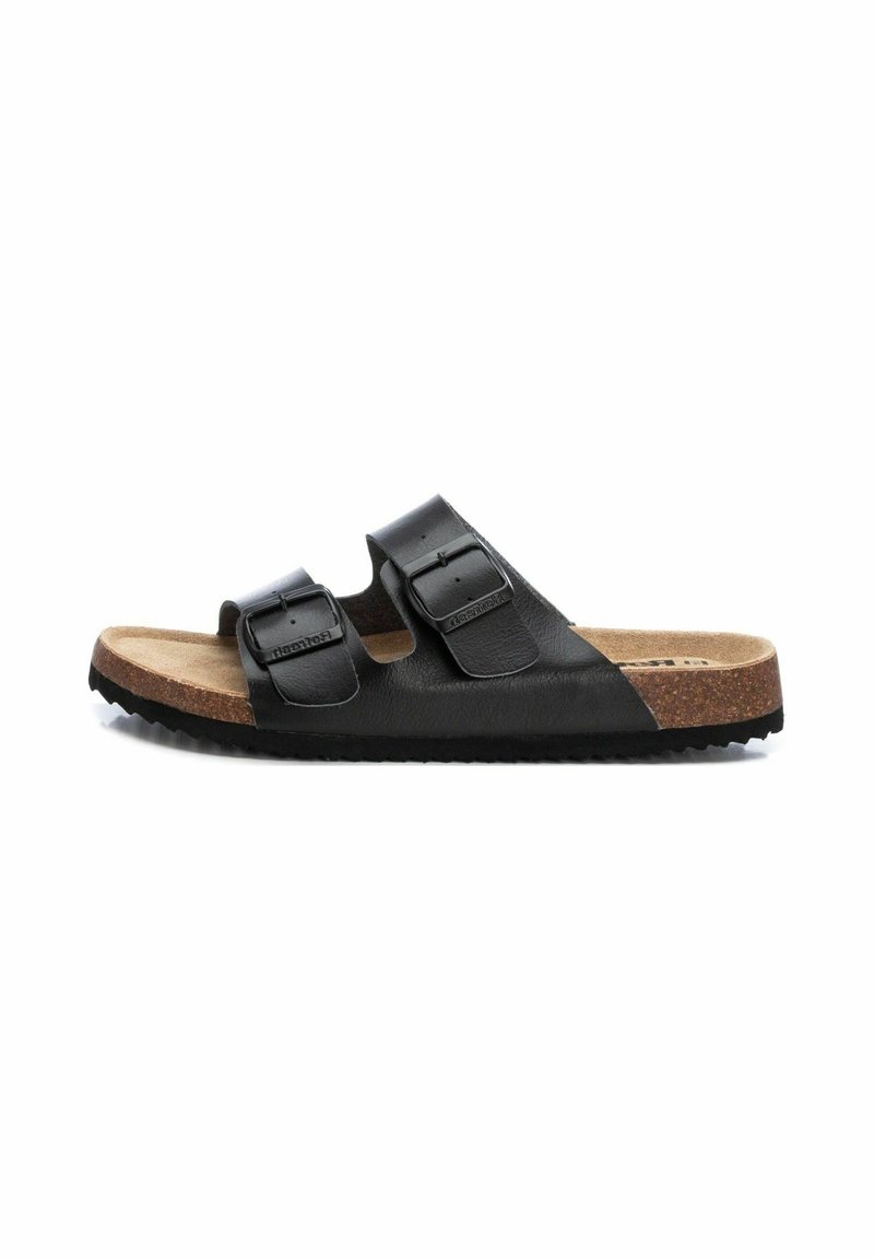 Sandalias de cuero negro con dos correas ajustables, plantilla de corcho y suela de goma texturizada. Presenta un acabado suave y una construcción resistente.