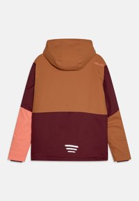 Farbenblockierte Jacke in Braun, Bordeauxrot und Rosa. Sie verfügt über eine Kapuze, lange Ärmel und einen reflektierenden Akzent am Rücken nahe dem Saum.