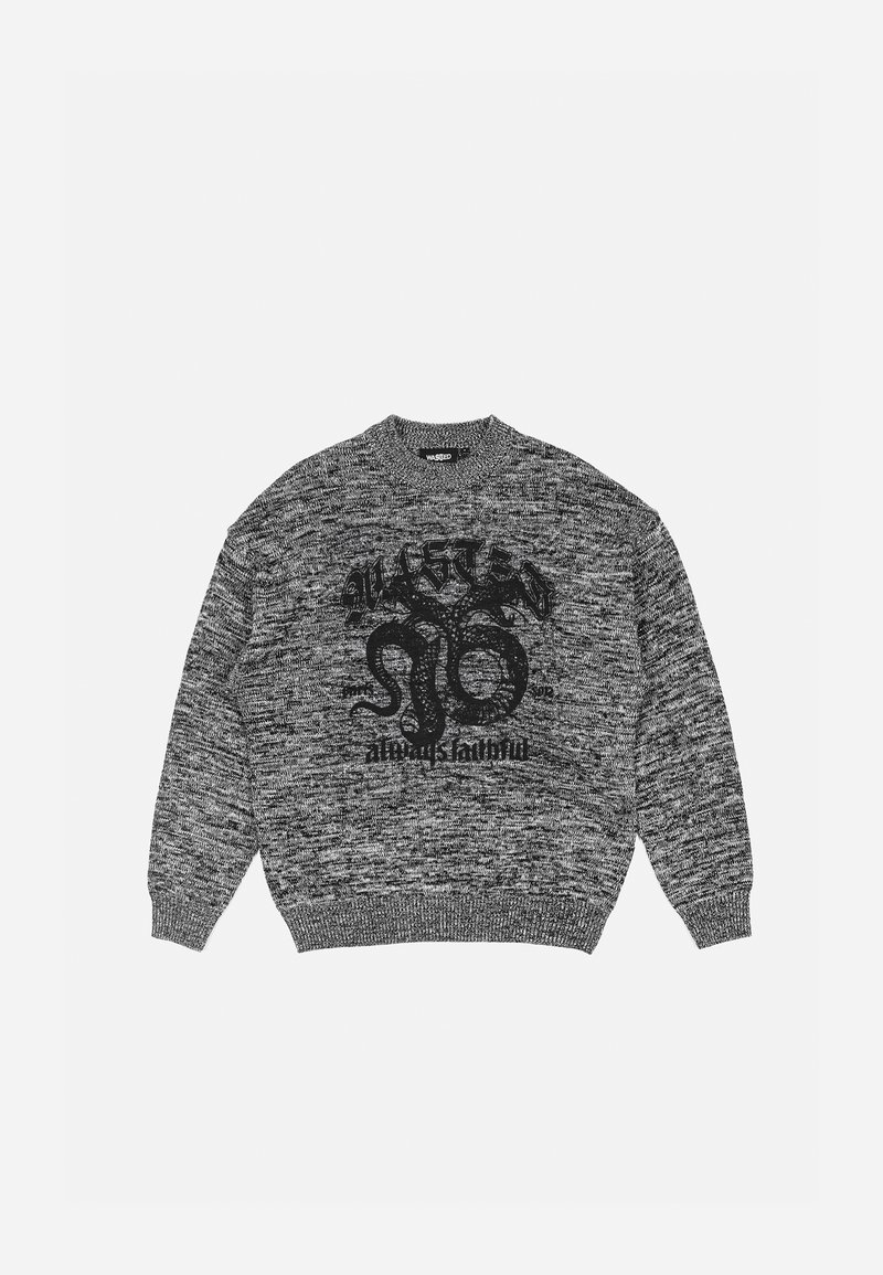 Pull tricoté gris marbré avec un motif noir d'un serpent enroulé et les mots "WASTED" et "always faithful" sur le devant.