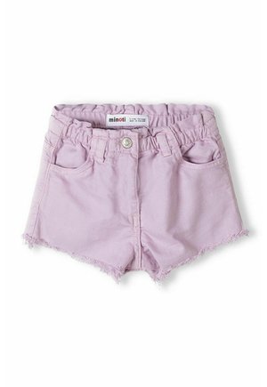 Short bébé violet clair avec taille élastique, bouton sur le devant, poches, passants de ceinture et ourlet effiloché sur fond blanc.