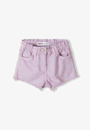 Lyse lilla småbørns shorts med elastisk talje, frontknap, lommer, bæltestropper og frynset kant på hvid baggrund.