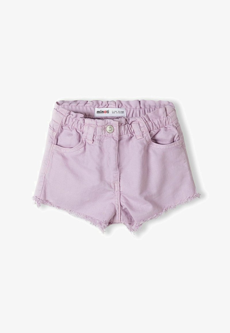 Short bébé violet clair avec taille élastique, bouton sur le devant, poches, passants de ceinture et ourlet effiloché sur fond blanc.
