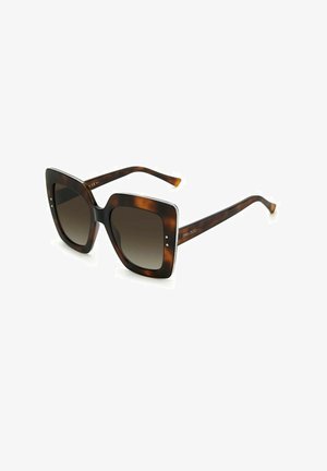 Occhiali da sole tartarugati con grandi lenti quadrate, sfumatura marrone, e montatura spessa. Presentano sottili dettagli metallici sui bordi.