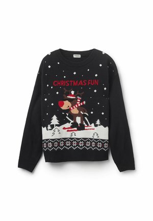 Zwarte kersttrui met een skiënd rendier, rode "CHRISTMAS FUN" tekst, sneeuwvlokken, dennenbomen en een patroonzoom in wit en rood.