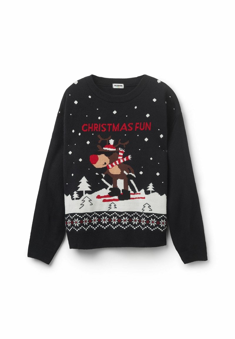 Pull de Noël noir avec un renne en train de skier, texte rouge "CHRISTMAS FUN", flocons de neige, sapins et ourlet à motifs blanc et rouge.