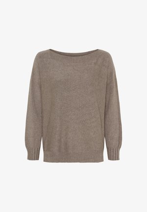 Brun strikket sweater, oversized design, bred halsudskæring, lange ærmer, ribbede manchetter og kant, blød tekstur, minimalitisk stil.
