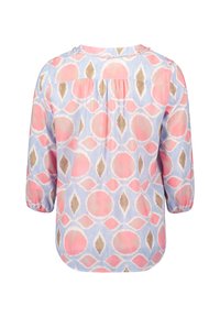 Lightweight, patterned blouse in pastel colors, featuring circular and diamond motifs. Three-quarter sleeves and gathered back detail.