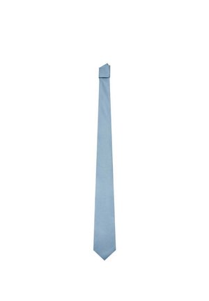 Una corbata lisa de color azul claro está colocada en vertical sobre un fondo blanco.