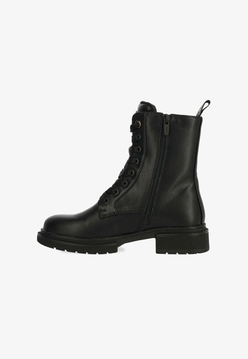 Bottine en cuir noir avec fermeture éclair latérale, laçage avant, languette à l'arrière et semelle texturée avec petit talon.