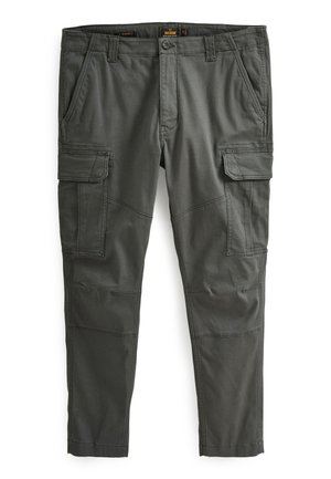 Cargo pants in dark green, slim fit; features multiple side pockets, stitched details, and a smooth, durable fabric texture.
