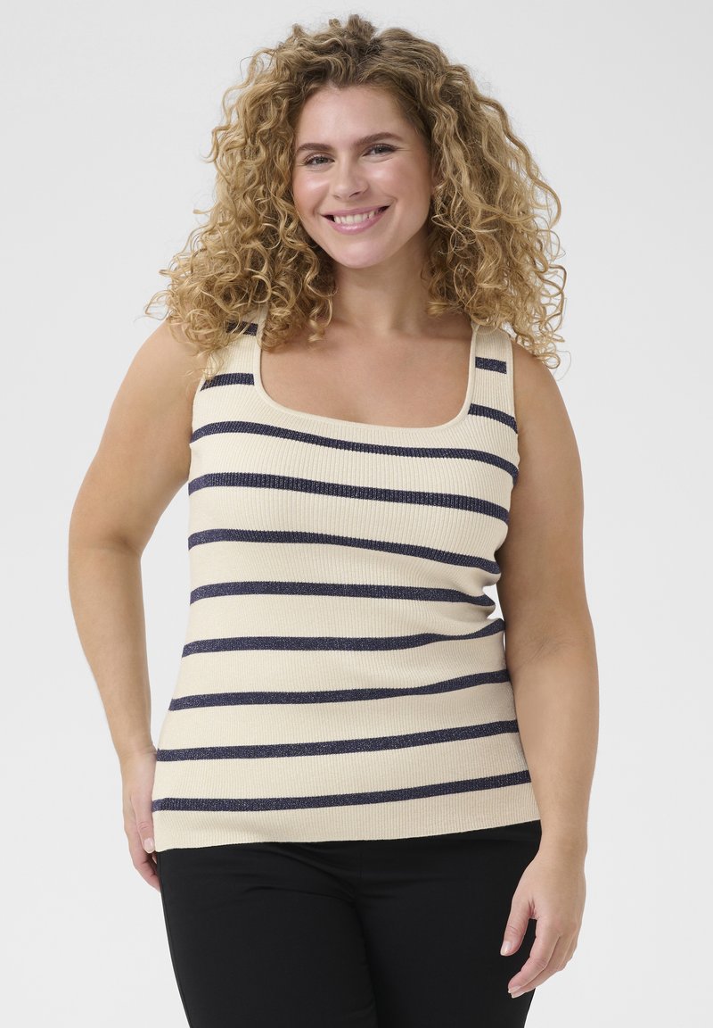 Kreemjas ja tumesinises triibulises tank topis on ribitud kangas, ruudukujuline kaelus ja laiad rihmad. Kujunduses on horisontaalsed triibud.