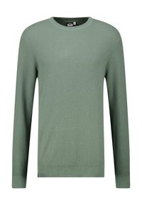 Grön stickad tröja med rund halsringning, långa ärmar, ribbade muddarna och texturerat våffelmönster. Har en märkesetikett i fållen.