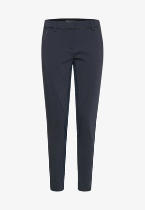 Marineblaue Hosen mit schmaler Passform, aus glattem gewebtem Material, mit dezenten diagonalen Nahtdetails und einem robusten Taillenbund mit Gürtelschlaufen.