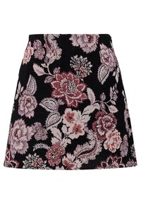 Jupe noire à motifs floraux présentant un motif texturé avec des fleurs roses et bourgogne. Silhouette en A, sans accessoires ni éléments métalliques visibles.