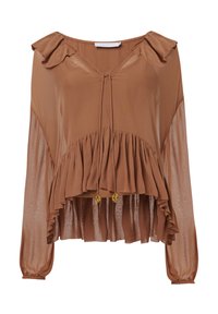 Blouse légère marron avec un col et des manches à volants, un corsage plissé, et une fermeture à nouer agrémentée de perles décoratives au bas.