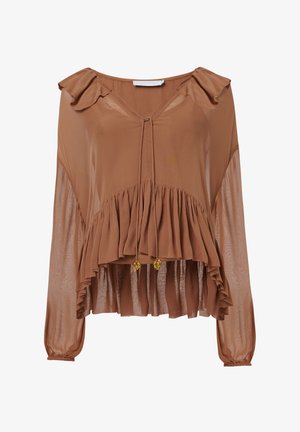 Blouse légère marron avec un col et des manches à volants, un corsage plissé, et une fermeture à nouer agrémentée de perles décoratives au bas.