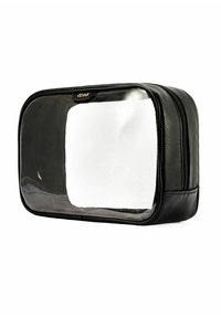 Czarna skórzana kosmetyczka z przezroczystym przednim panelem, prostokątny kształt, zamek błyskawiczny oraz delikatny złoty detal z logo. Faktura jest gładka.