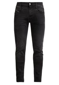 Svarta denim slim fit-jeans med en slät yta, femficksdesign och metallknappknäppning. Subtila sömnadsdetaljer på framfickorna.