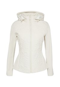 Veste blanche au design ajusté, devant matelassé avec un motif de feuilles, fermeture éclair et capuche. Tissu lisse et manches longues.
