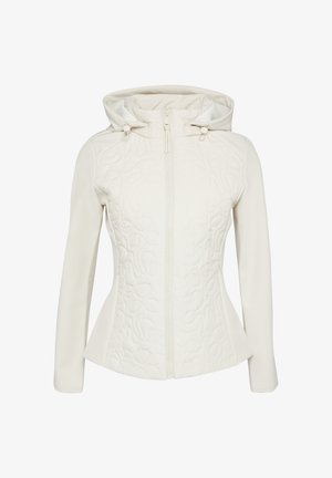 Biała kurtka o dopasowanym kroju, pikowany przód z wzorem liści, zamek błyskawiczny i kaptur. Gładki materiał oraz długie rękawy.