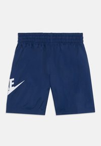 Dark blue athletic shorts made of lightweight fabric. Features an elastic waistband and a white Nike logo on the left side.